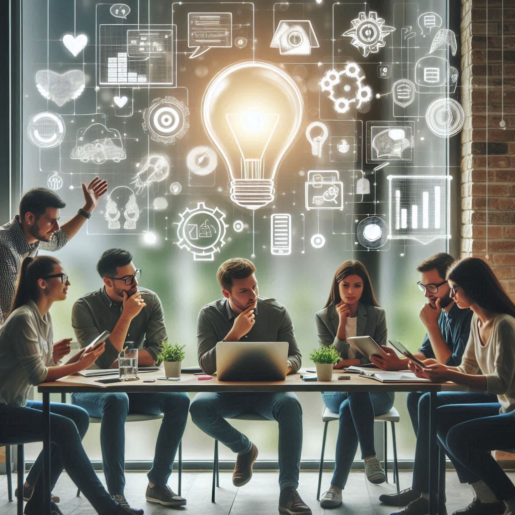 a high-quality image of a team brainstorming app ideas in a modern office space to emphasize innovation a high-quality image of a team brainstorming app ideas in a modern office space to emphasize innovation