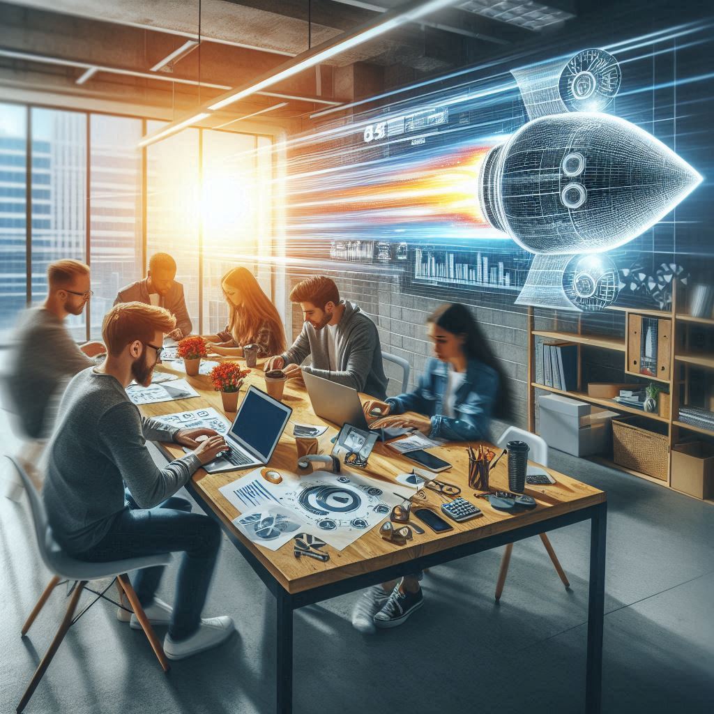 a startup team working on an MVP in a collaborative space, symbolizing speed and innovation in the product development process